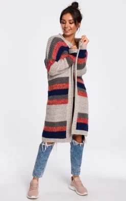 MOE Long Open Front Cardigan In Beige Multi Stripe