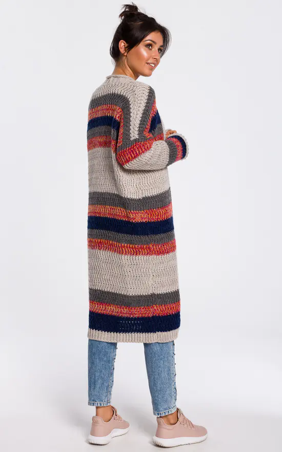 MOE Long Open Front Cardigan In Beige Multi Stripe 2 MOE Long Open Front Cardigan In Beige Multi Stripe - Image 2