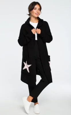 MOE Hooded Star Longline Cardigan Black Pink