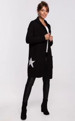 MOE Hooded Star Longline Cardigan Black Silver -DRESSES SHOP bk063 black silver 1