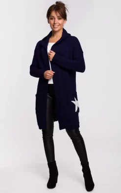 MOE Hooded Star Longline Cardigan Navy Blue -DRESSES SHOP bk063 navyblue 1