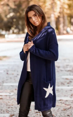 MOE Hooded Star Longline Cardigan Navy Blue
