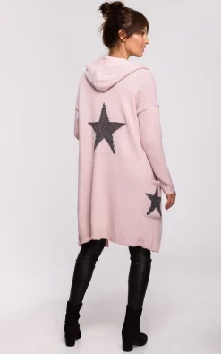 MOE Hooded Star Longline Cardigan Pink -DRESSES SHOP bk063 powder 2