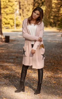 MOE Hooded Star Longline Cardigan Pink