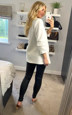 Cameo Rose Blazer With Ruching Sleeve In White -DRESSES SHOP cameorose sasha 17.02.2260