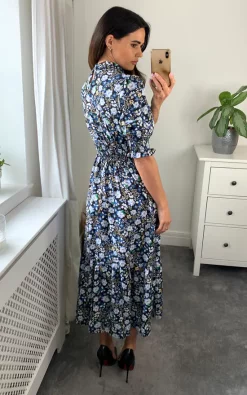 D.Anna High Neck Floral Print With 3/4 Smock Sleeves Tiered Dress In Navy/Black -DRESSES SHOP d.anna naomi 29.04.228