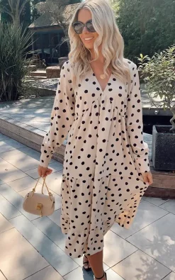 Pretty Lavish Dotty Day Dress Beige Polka Dot