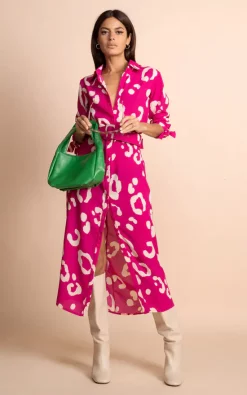 Dancing Leopard Alva Midi Shirt Dress In Oversized Leopard Cream On Beetroot