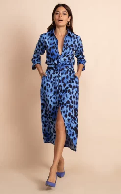 Dancing Leopard Alva Midi Shirt Dress In Bright Blue Leopard Recycled Materials