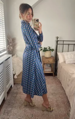 Love&Joy Midi Wrap Dress In Blue Print -DRESSES SHOP image00005