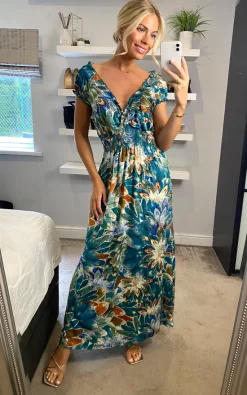 Izabel London Multi Green Floral V Neck Cap Sleeve Maxi Dress