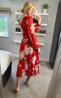 Jolie Moi Gianna Long Sleeve Mesh Midi Dress, Red Floral -DRESSES SHOP joliemoi sasha 20.04.2249 2