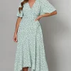 Blue Vanilla Bobbie Angel Sleeve Wrap Midi Dress In Blue Mint Floral Print