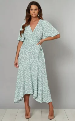 Blue Vanilla Bobbie Angel Sleeve Wrap Midi Dress In Blue Mint Floral Print