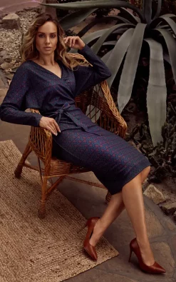 MOE Wrap Midi Dress Tied At Waist In Navy Blue Print -DRESSES SHOP m524 model3 1L