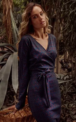 MOE Wrap Midi Dress Tied At Waist In Navy Blue Print -DRESSES SHOP m524 model3 2L