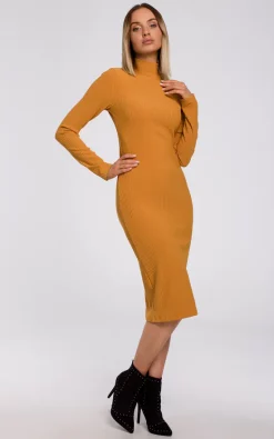 MOE Fitted Turtleneck Knitted Dress In Yellow