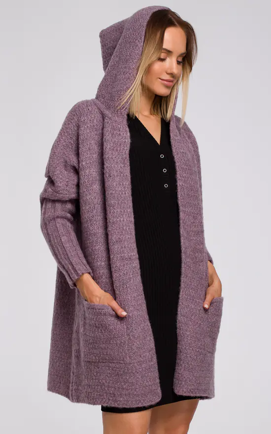 MOE Comfortable Chunky Knit Hooded Cardigan In Violet 2 MOE Comfortable Chunky Knit Hooded Cardigan In Violet - Image 2