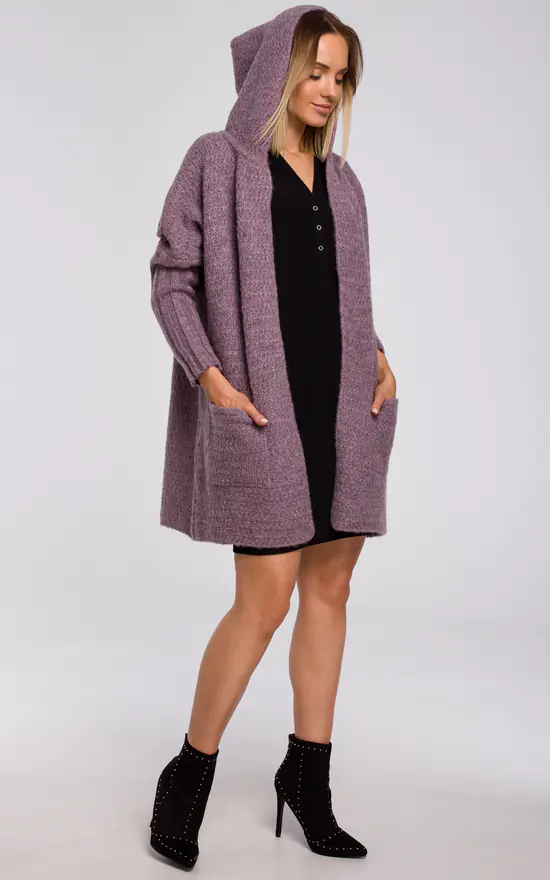 MOE Comfortable Chunky Knit Hooded Cardigan In Violet 1 MOE Comfortable Chunky Knit Hooded Cardigan In Violet