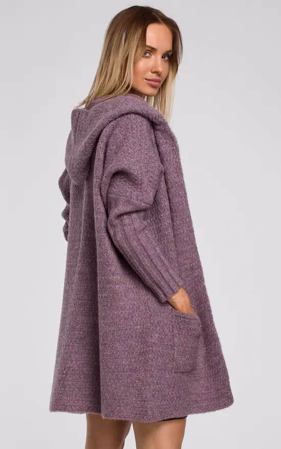 MOE Comfortable Chunky Knit Hooded Cardigan In Violet 3 MOE Comfortable Chunky Knit Hooded Cardigan In Violet - Image 3