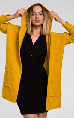 MOE Comfortable Chunky Knit Hooded Cardigan In Yellow -DRESSES SHOP m556 honey 1