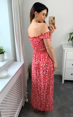 Apricot Red Floral Print Shirred Maxi Dress -DRESSES SHOP naomi apricot 06.04.2270