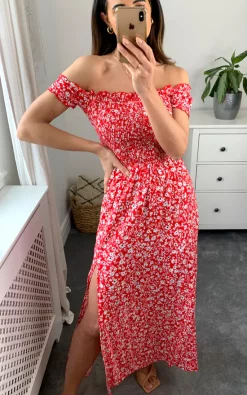 Apricot Red Floral Print Shirred Maxi Dress -DRESSES SHOP naomi apricot 06.04.2271