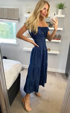 KURT MULLER Plain Sleeveless Dark Wash Denim Bardot Maxi Dress -DRESSES SHOP sasha kurtmuller 02.04.2272