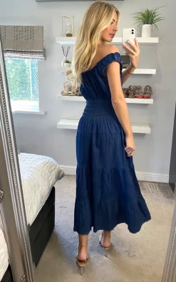 KURT MULLER Plain Sleeveless Dark Wash Denim Bardot Maxi Dress -DRESSES SHOP sasha kurtmuller 02.04.2273