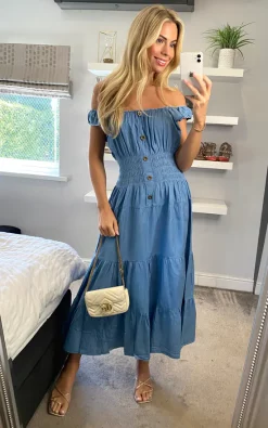 KURT MULLER Plain Sleeveless Light Wash Bardot Maxi Dress