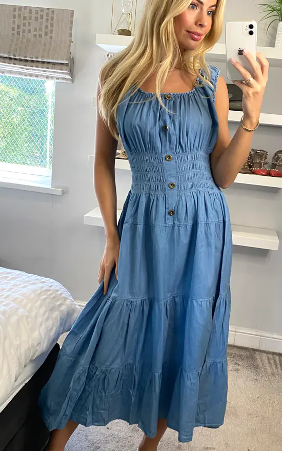 KURT MULLER Plain Sleeveless Light Wash Bardot Maxi Dress 3 KURT MULLER Plain Sleeveless Light Wash Bardot Maxi Dress - Image 3