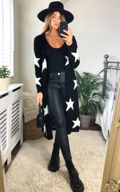 KURT MULLER Star Print Long Cardigan In Black -DRESSES SHOP star print long cardigan in black