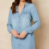 VM Long Sleeve Denim Shirt Dress In Light Blue